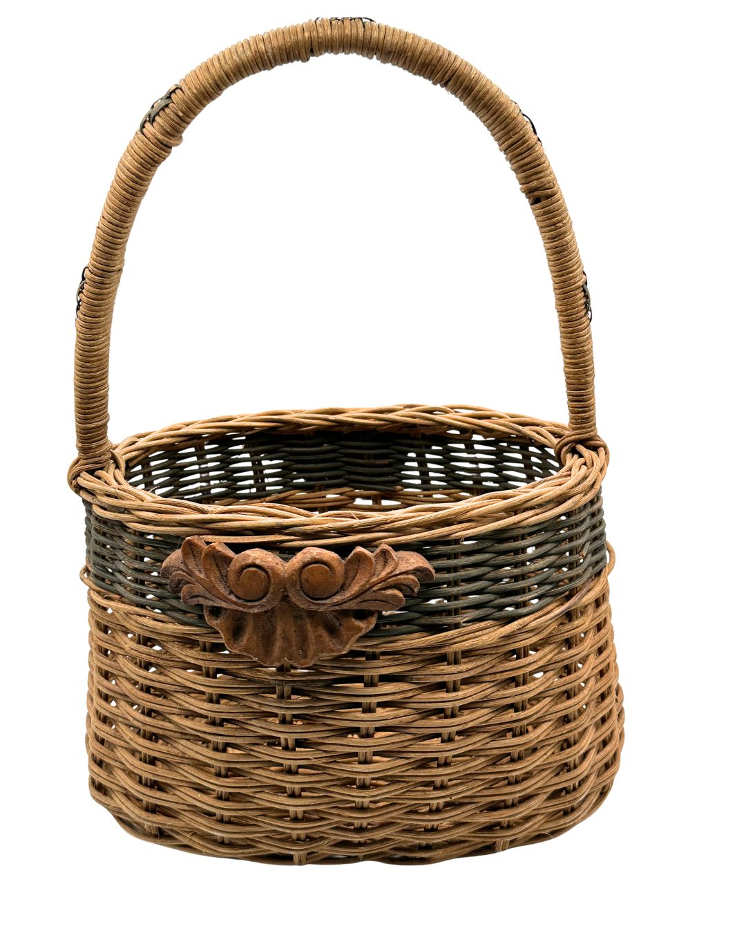 Vintage Wicker Gathering Basket with Carved Wood Appliqué