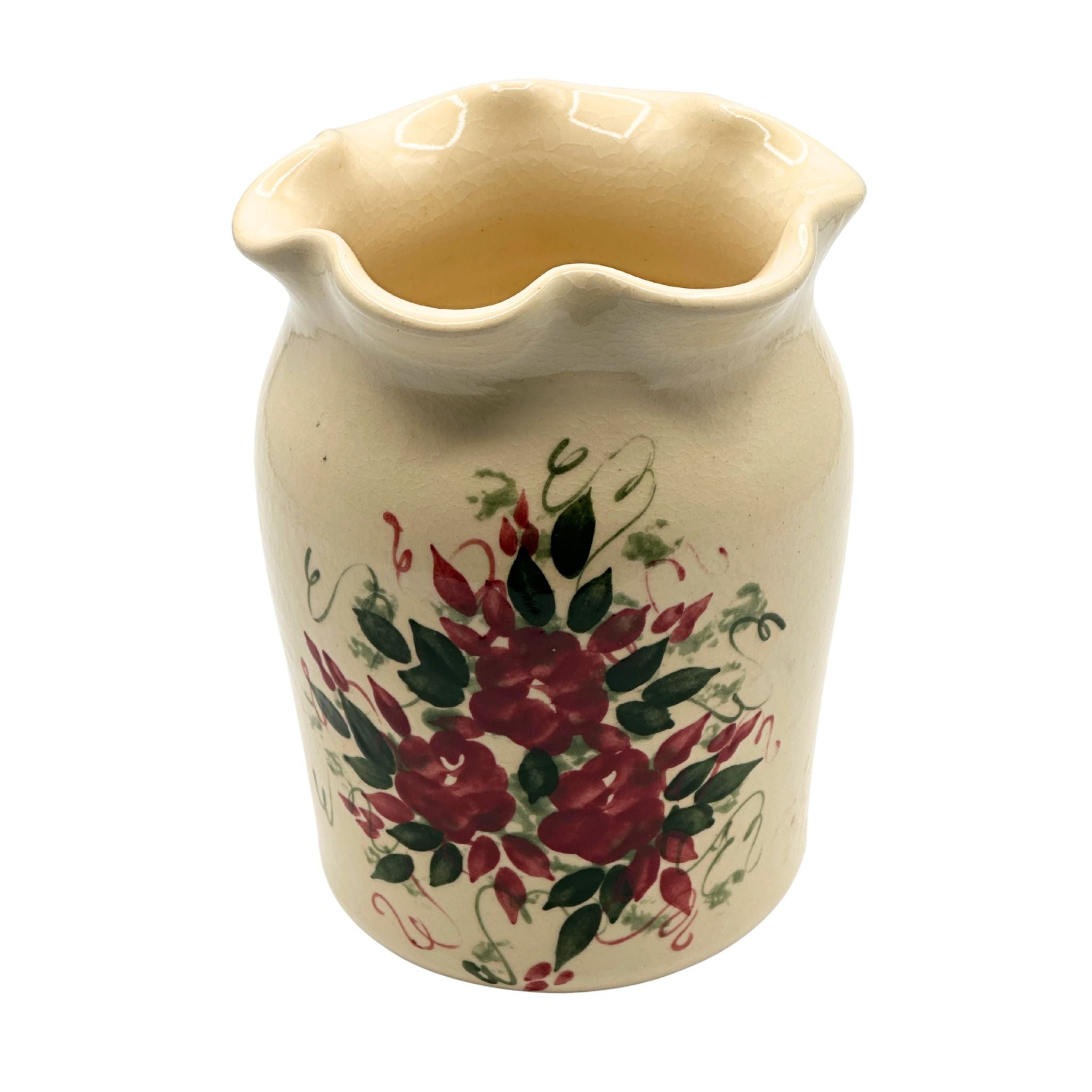 Vintage East Texas Pottery Red Rose Flowers Utensil Holder