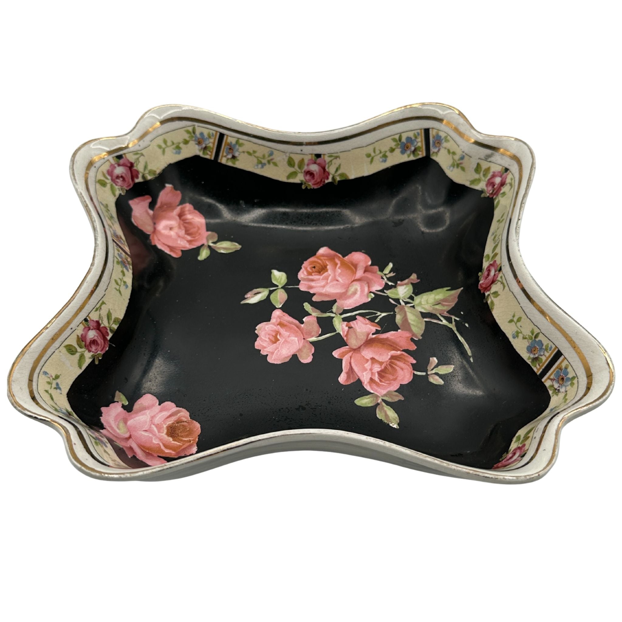 Vintage Black Floral Ruffled Serving Bowl