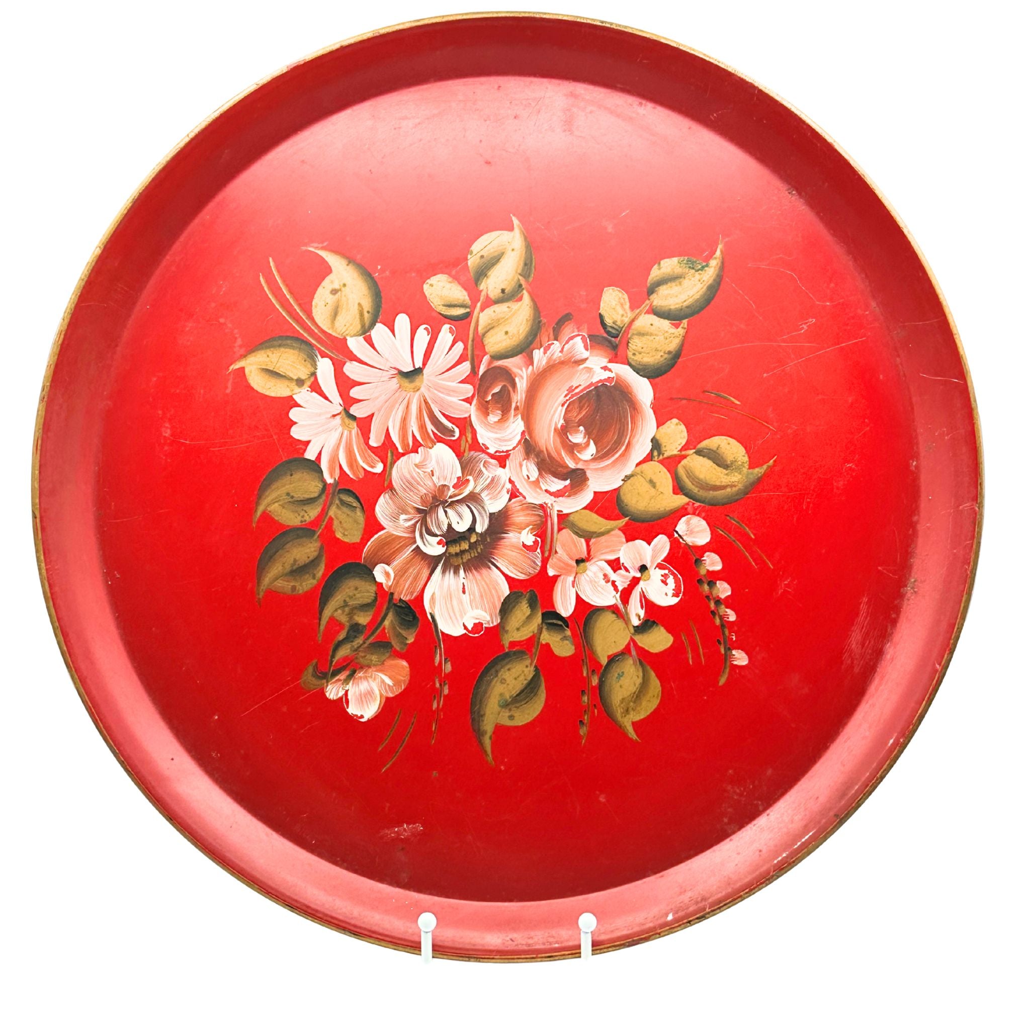 Vintage Toleware Nash Co. Round Red Handpainted Tray
