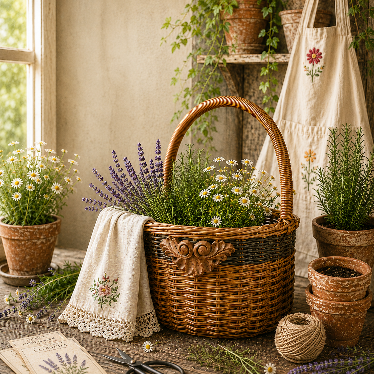 Vintage Wicker Gathering Basket with Carved Wood Appliqué