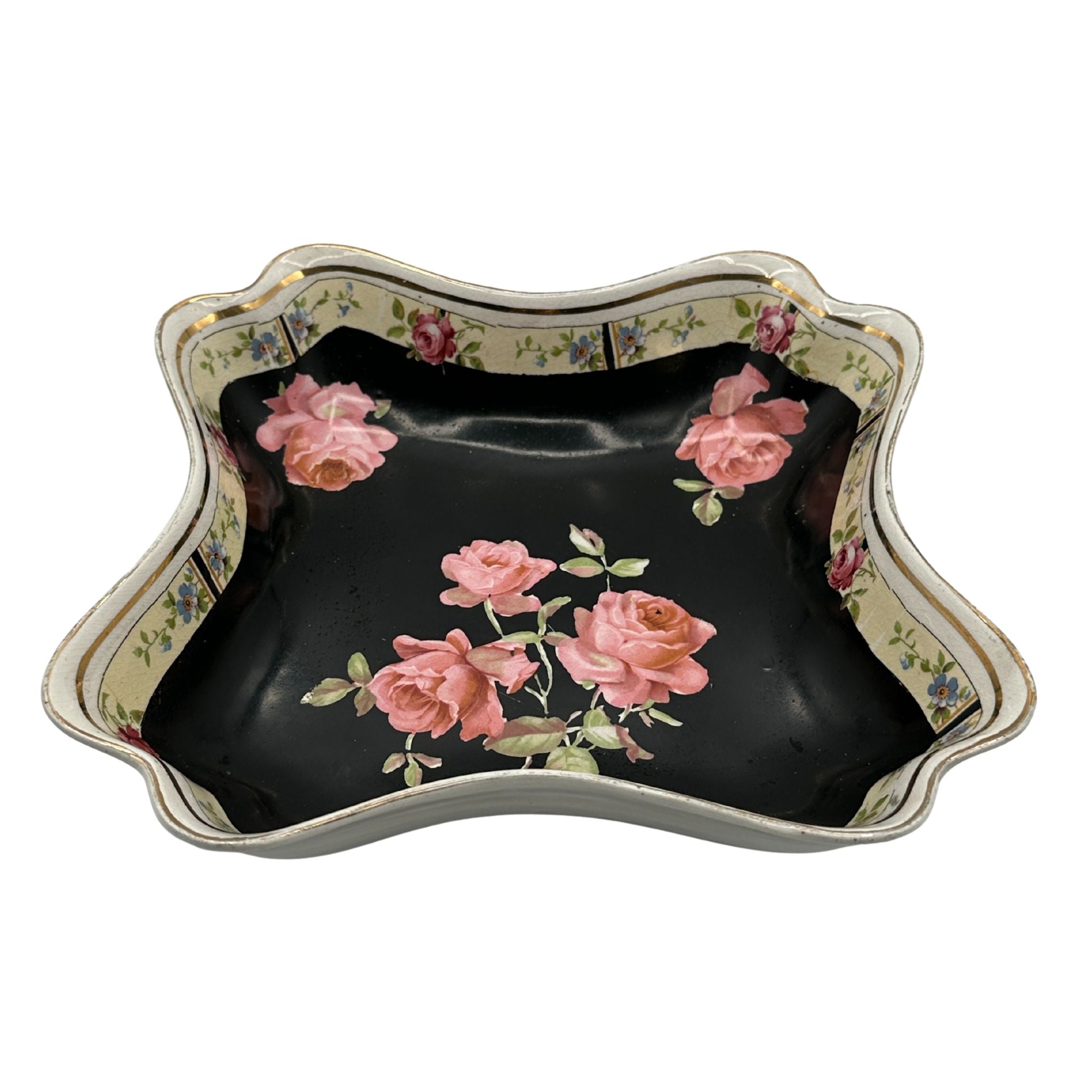 Vintage Black Floral Ruffled Serving Bowl