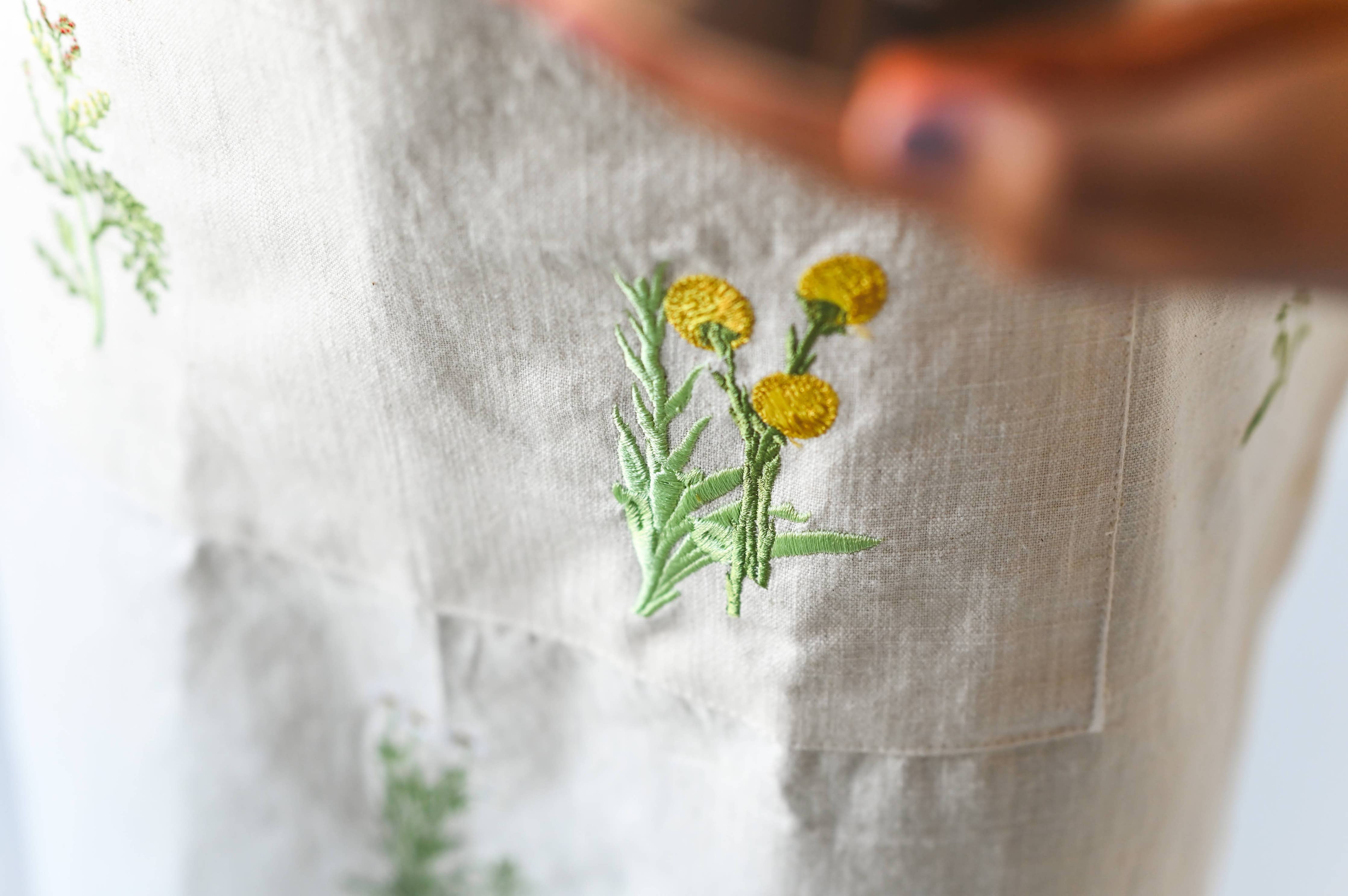 Embroidered yellow flowers on a light fabric background
